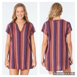 Rip Curl Golden Days Burgundy Multi Striped V-Neck Mini Dress Size Medium